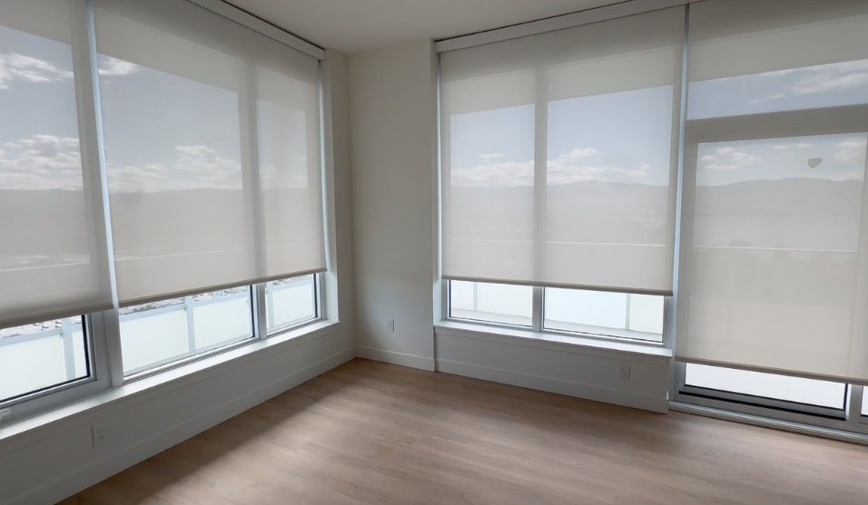 Sheer roller shades with a mountain view